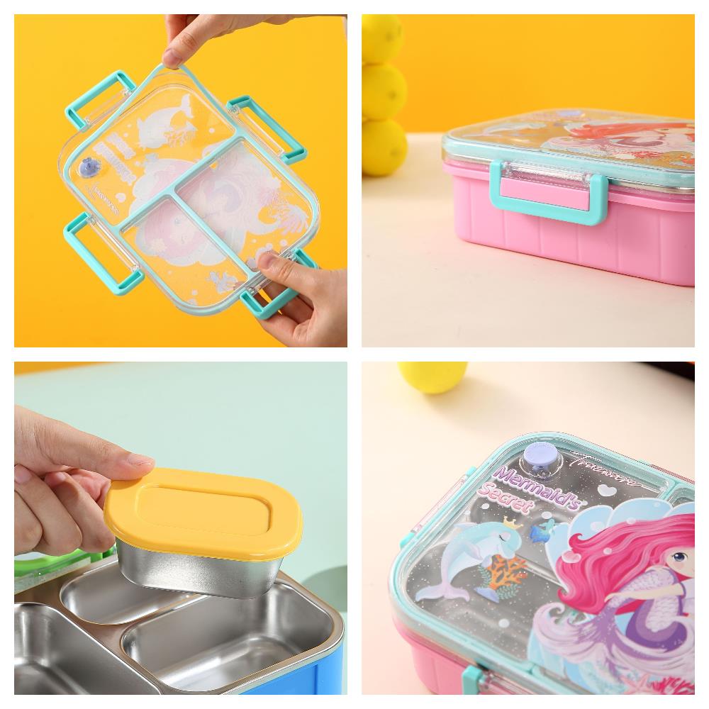 304 Stainless Steel Lunch Box — 3 Compartments, Individual Sealed Lids & Cute Cartoon Design 3