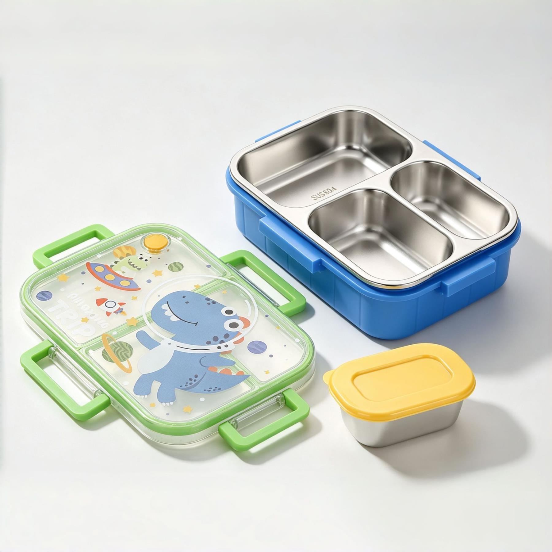 304 Stainless Steel Lunch Box — 3 Compartments, Individual Sealed Lids & Cute Cartoon Design 6