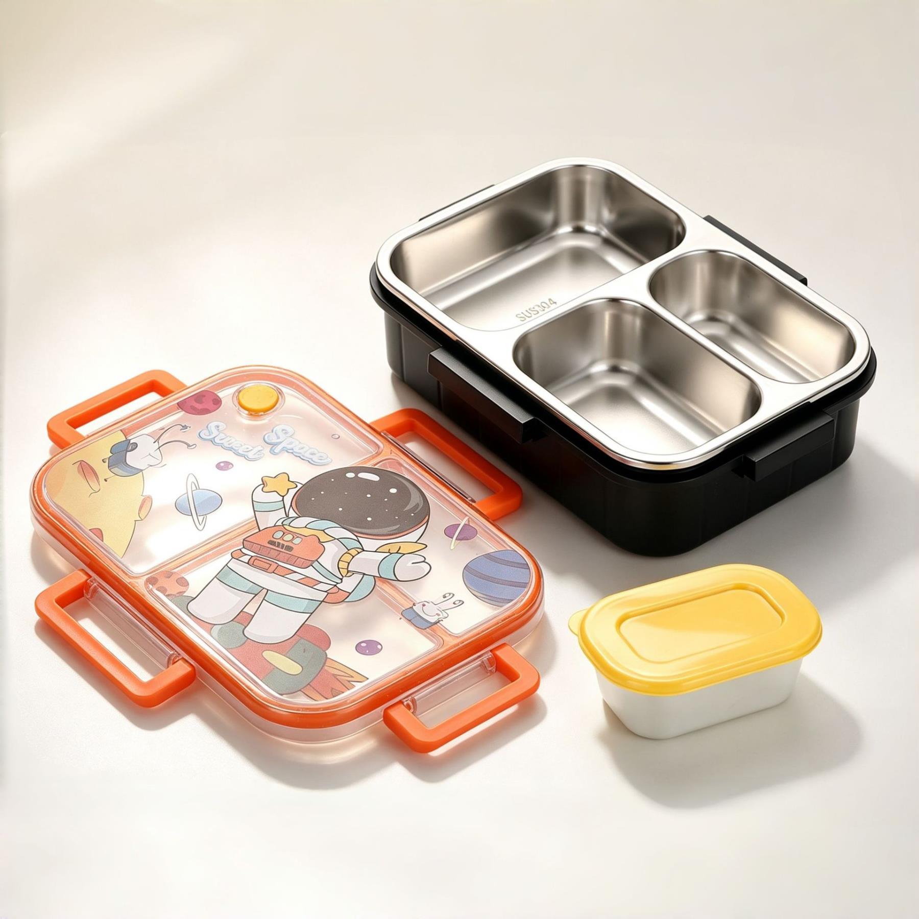 304 Stainless Steel Lunch Box — 3 Compartments, Individual Sealed Lids & Cute Cartoon Design 8
