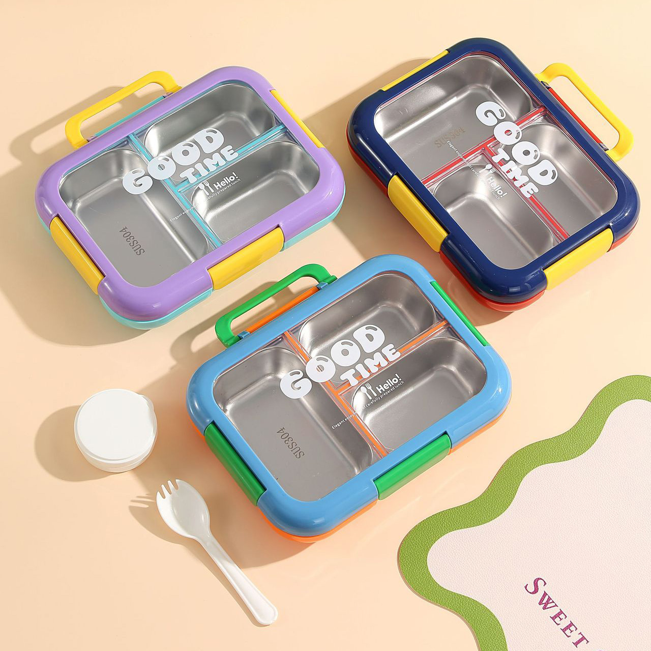 Portable Stainless Steel 3-Grid Lunch Box with Flip Lid 1
