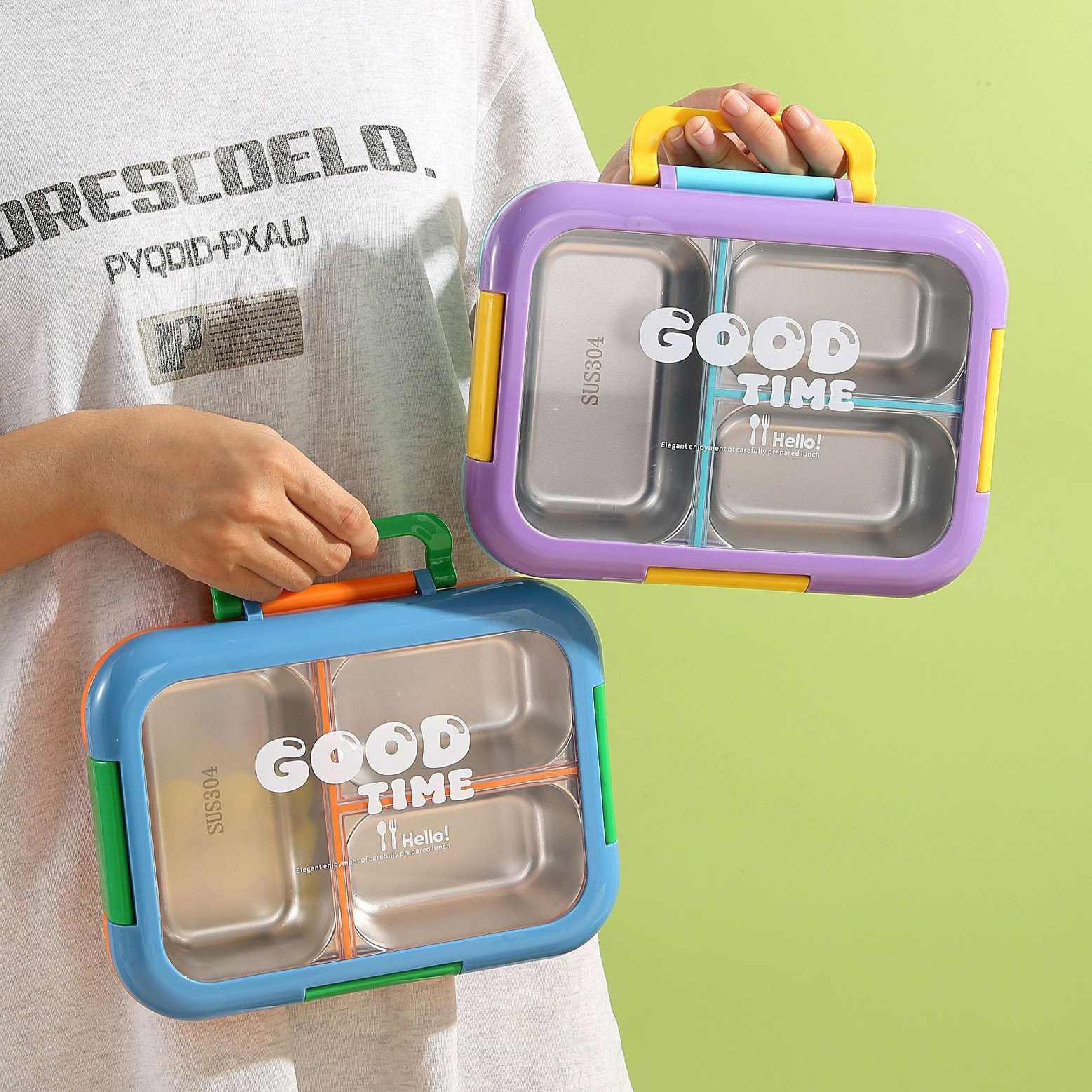 Portable Stainless Steel 3-Grid Lunch Box with Flip Lid 4