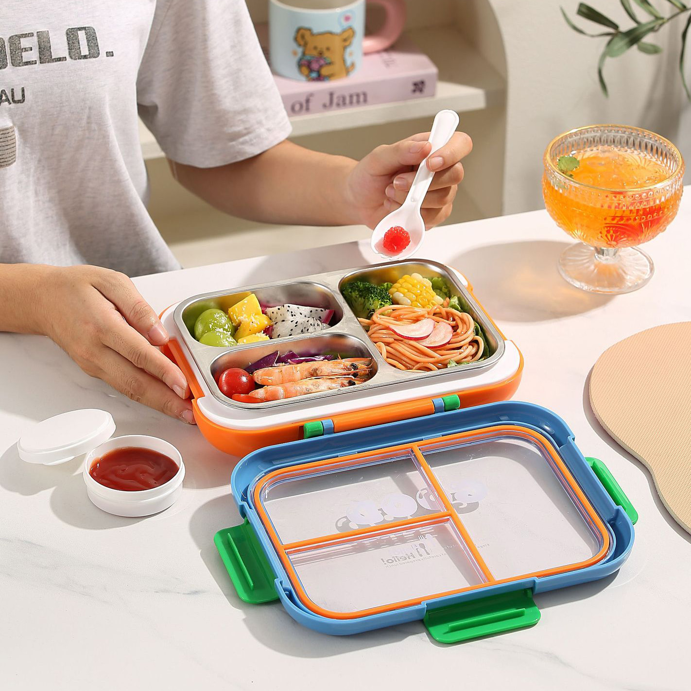 Portable Stainless Steel 3-Grid Lunch Box with Flip Lid 5