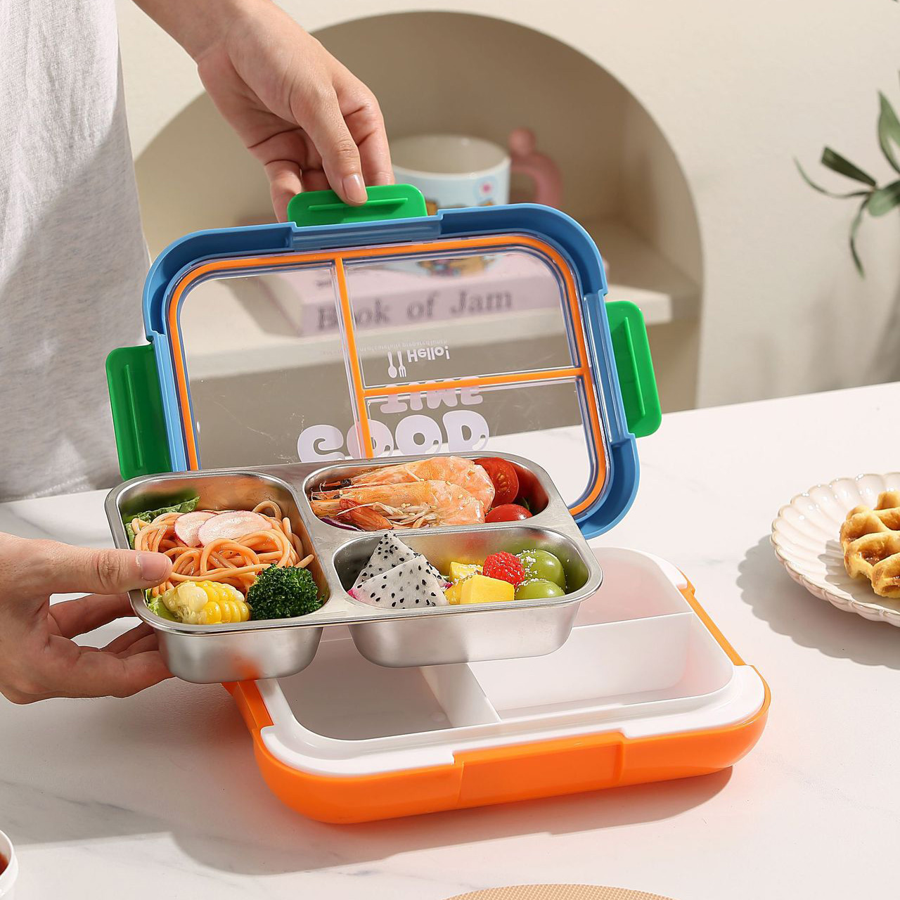 Portable Stainless Steel 3-Grid Lunch Box with Flip Lid 6
