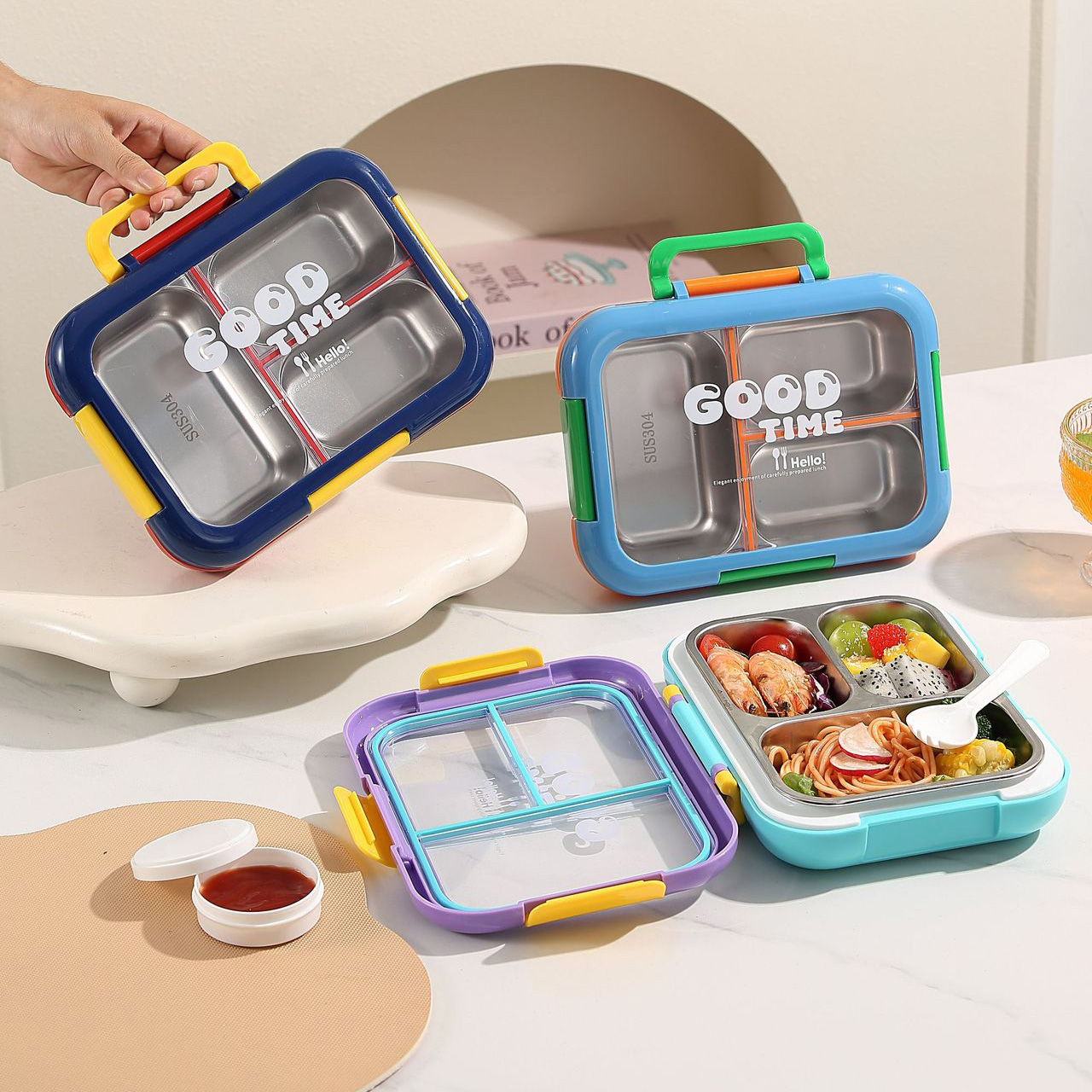 Portable Stainless Steel 3-Grid Lunch Box with Flip Lid 2