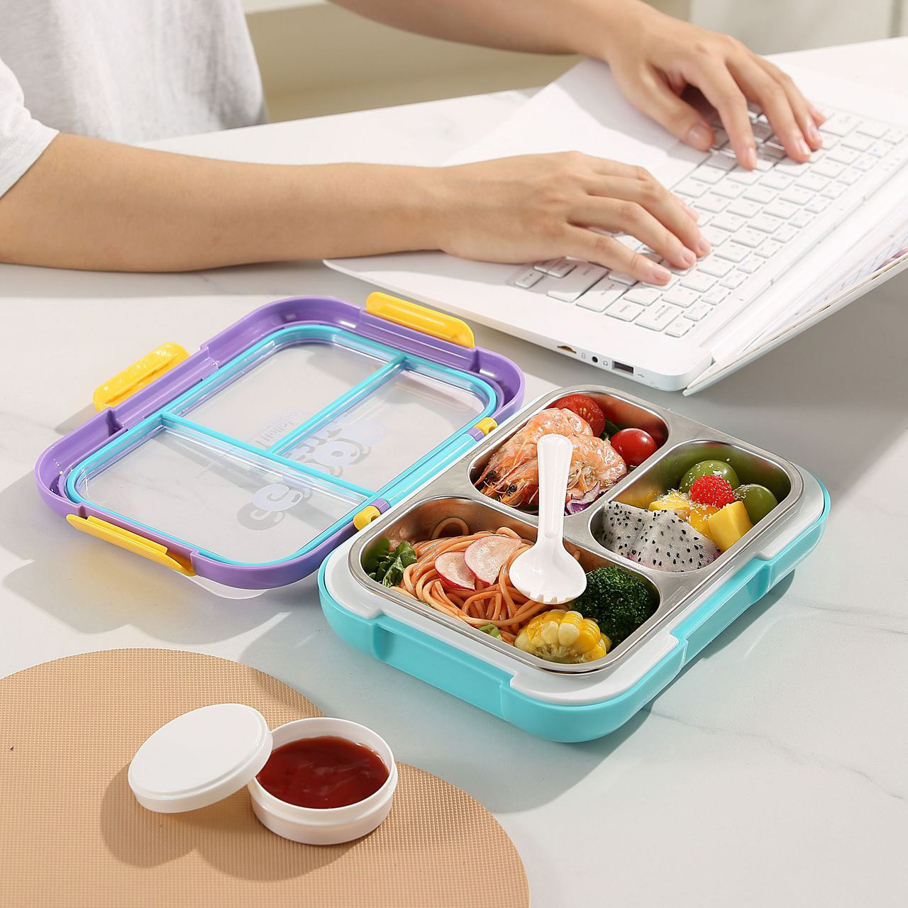 Portable Stainless Steel 3-Grid Lunch Box with Flip Lid 8