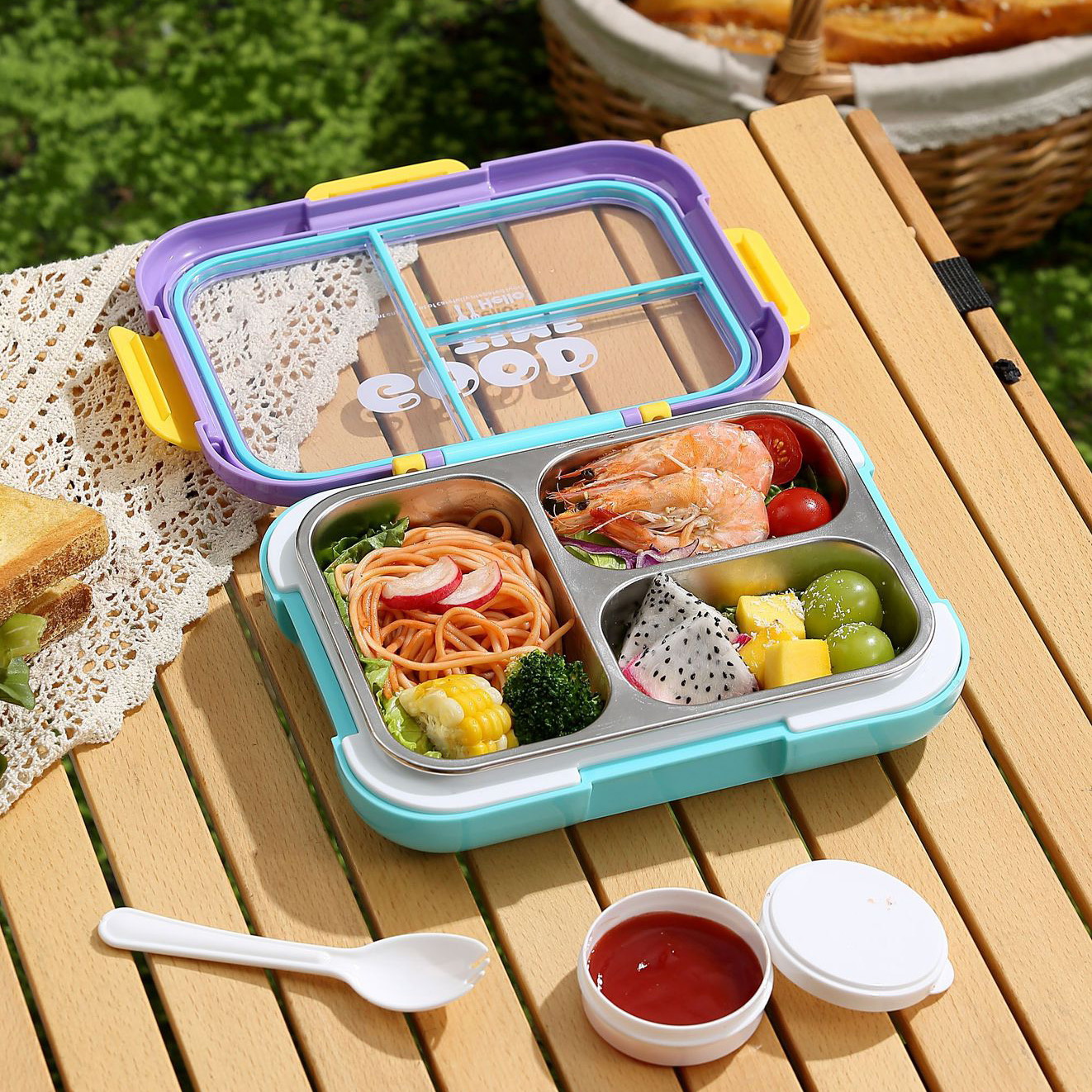 Portable Stainless Steel 3-Grid Lunch Box with Flip Lid 7