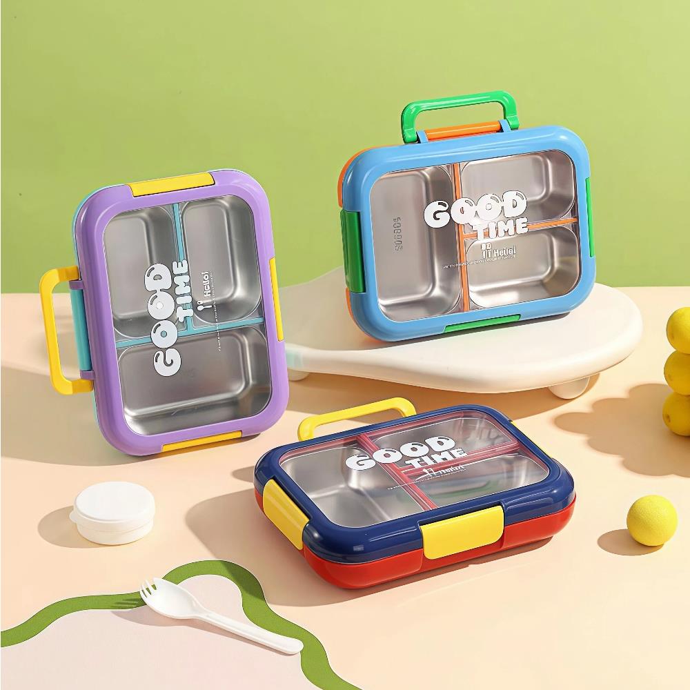 Portable Stainless Steel 3-Grid Lunch Box with Flip Lid 3