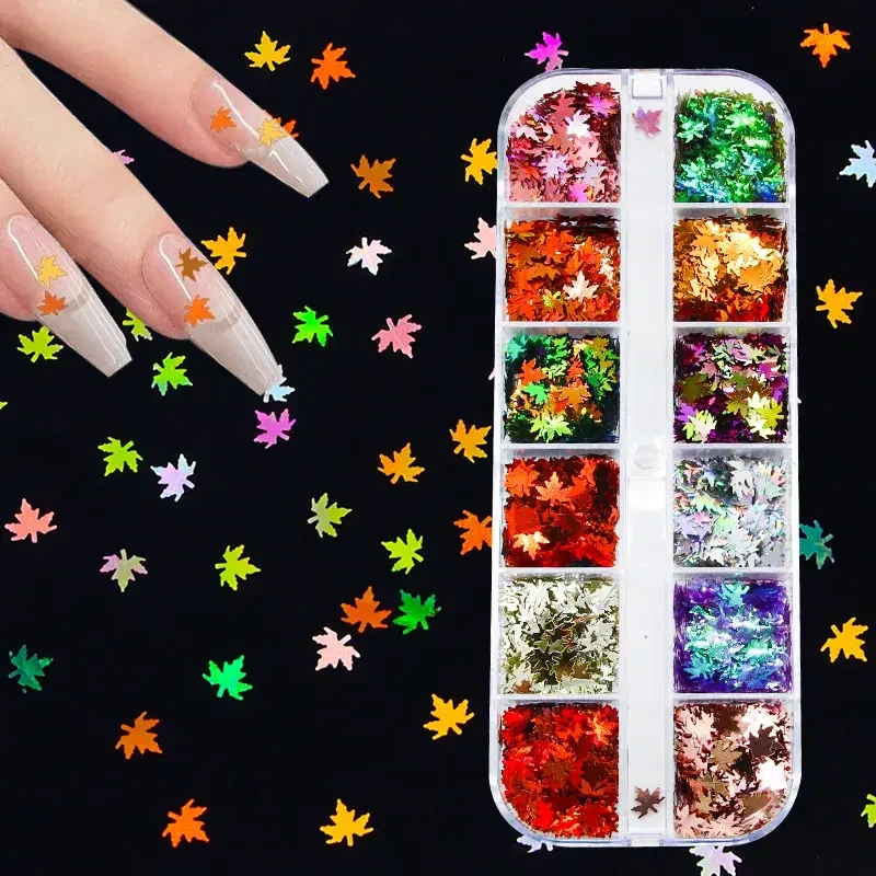 12 grilles Nail Art paillettes poudre automne feuilles d'érable paillettes 1