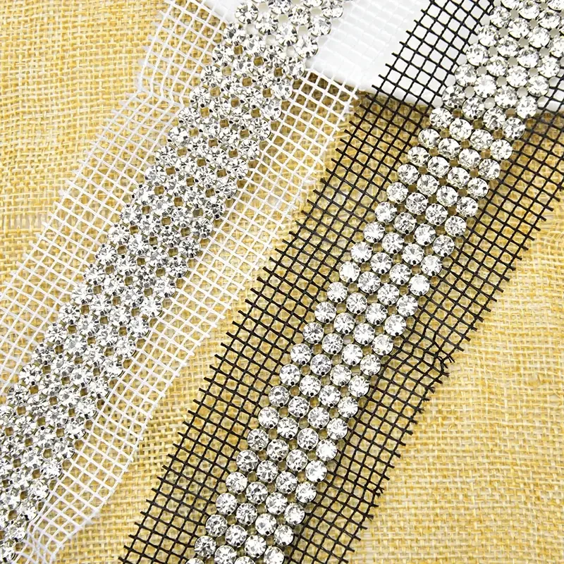 customized plastic mesh trimming white or neutral fabric TRIM with 4 rows of rhinestones 1