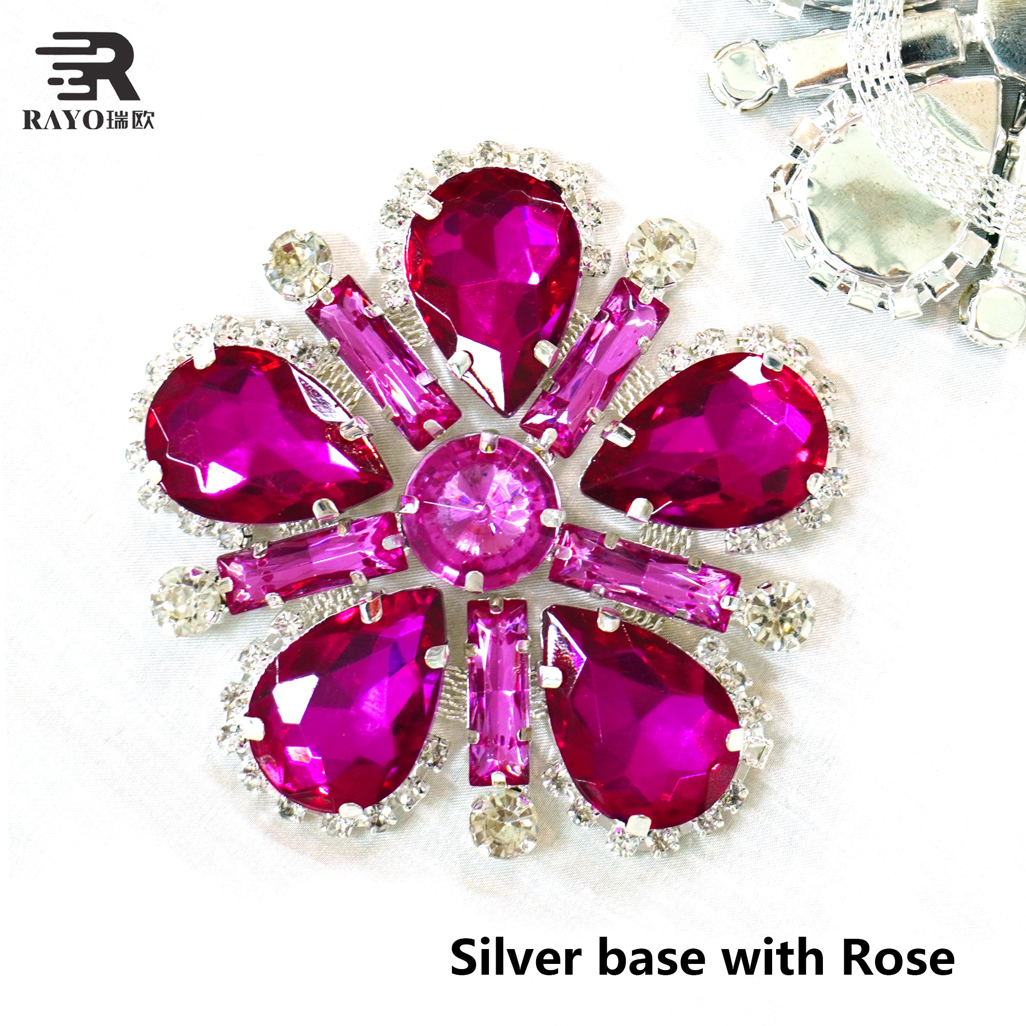 Luxury Fuchsia Rhinestone Applique, Sew On Crystal Flower Embellishment for Wedding Dress, DIY Costume Decoration 4