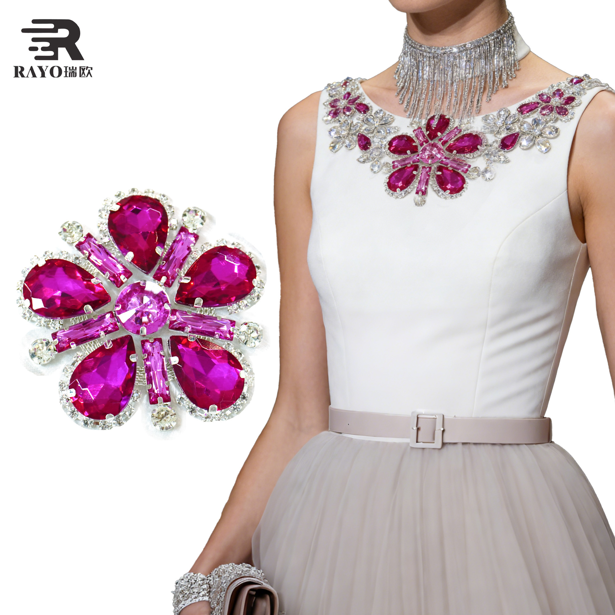Luxury Fuchsia Rhinestone Applique, Sew On Crystal Flower Embellishment for Wedding Dress, DIY Costume Decoration 7