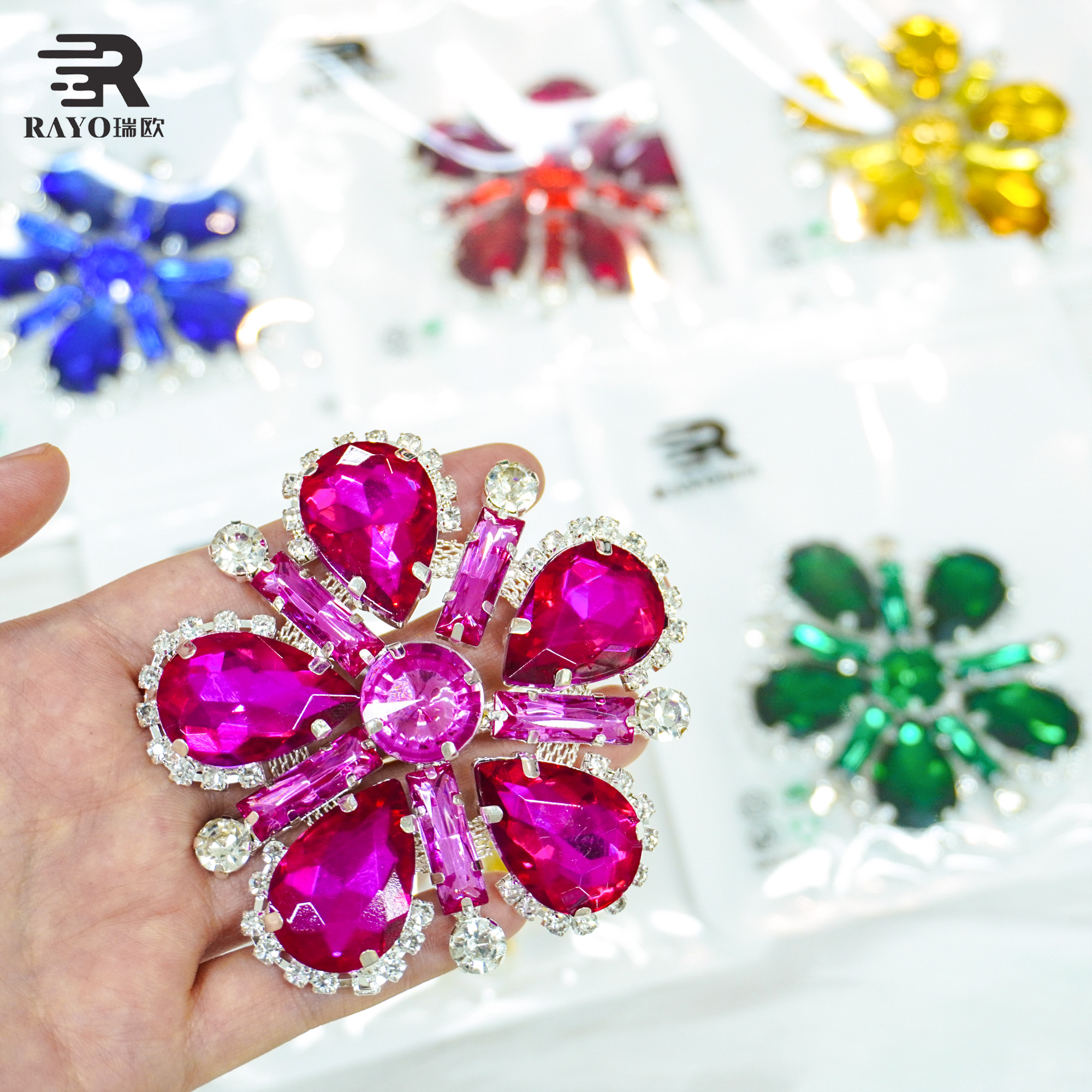 Luxury Fuchsia Rhinestone Applique, Sew On Crystal Flower Embellishment for Wedding Dress, DIY Costume Decoration 3