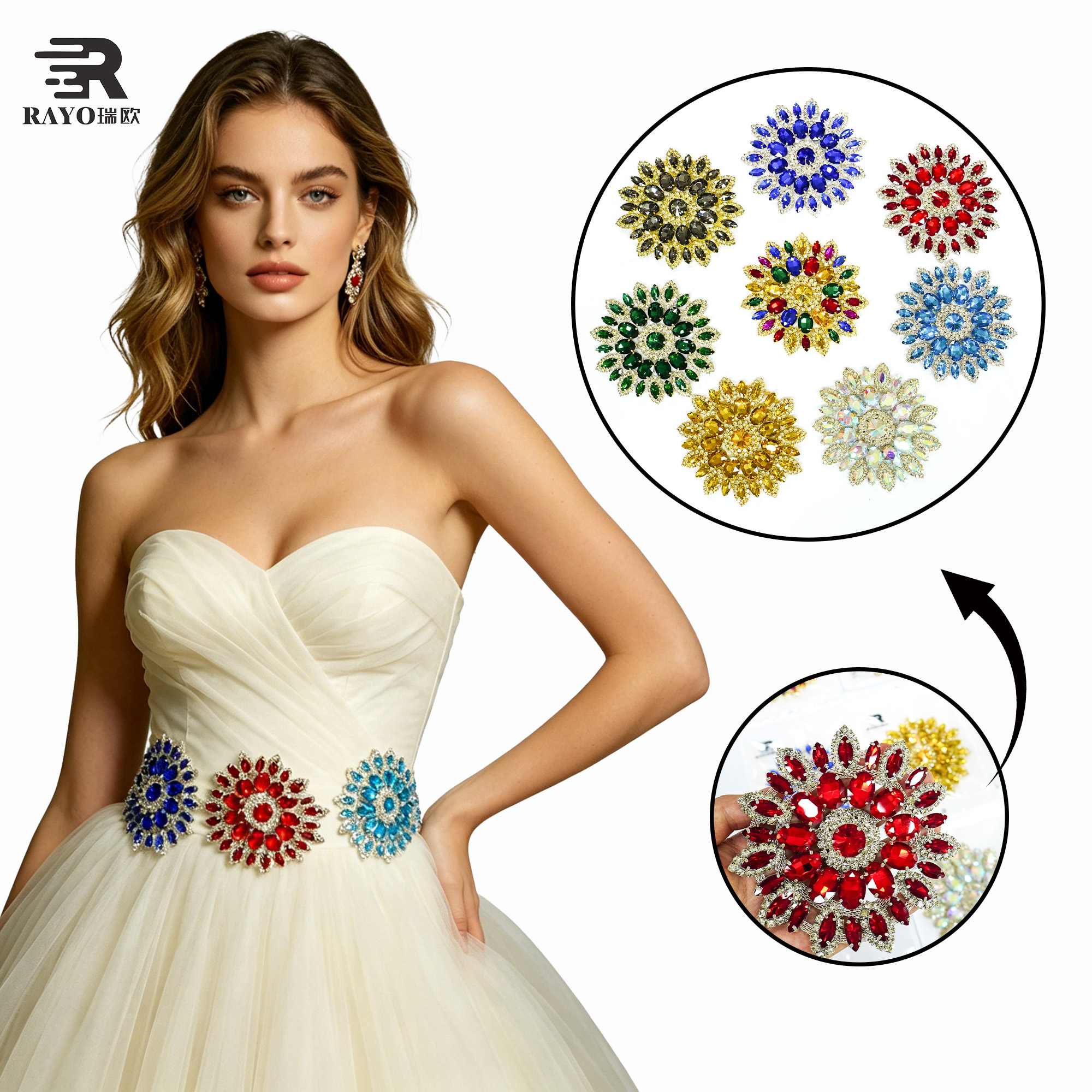 Fashion Sew on Crystal AB Flower Rhinestones Glass Applique Flatback Rhinestone Peach Sewing Claw Crystal Stone 7
