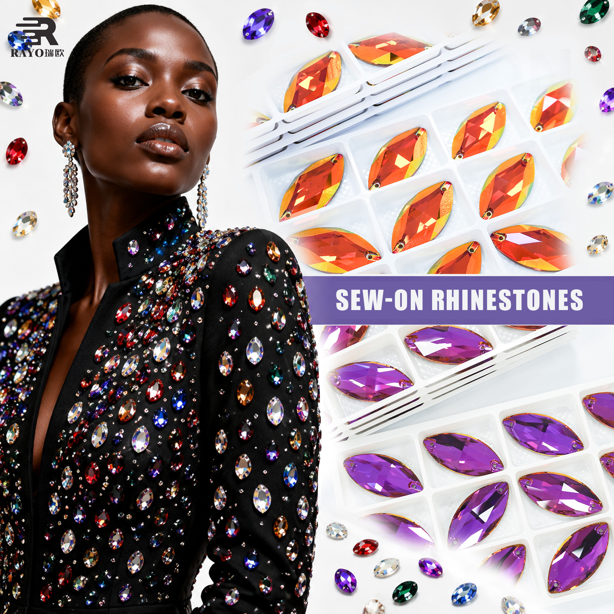K9 Sew on Multiple Sizes and Shapes Crystal AB Glass Flatback Strass Square Rhinestones for Bling T-shirt and Wedding Dress 2