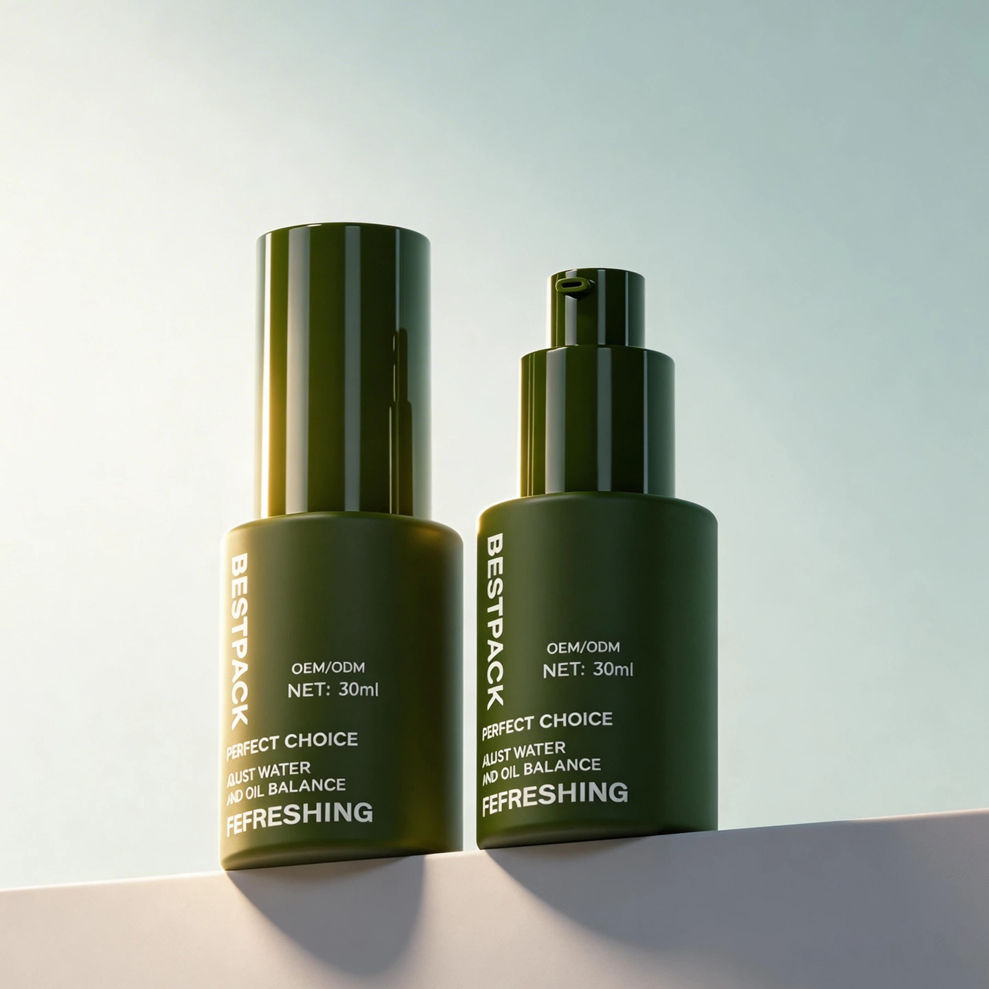 Флакон для лосьона из зеленого стекла объемом 30 мл с помпой | Цилиндрический дизайн для элитного ухода за кожей BEST-311455 1