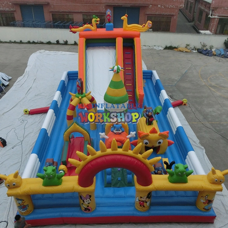 Custom 12*10*7mtrs giant inflatable dragon slide trampoline riding amusement park 1