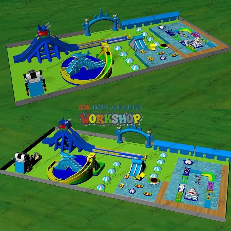 blue kids inflatable water park multichannel for children KK INFLATABLE 6