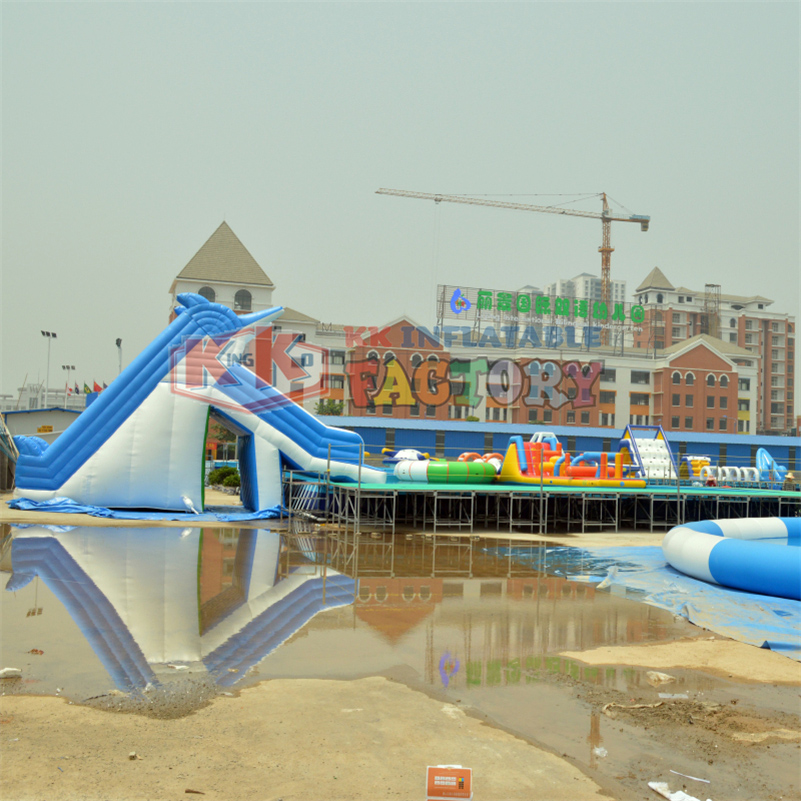 Blue white Dolphin inflatable water slide with pool joy inflatable water park 2