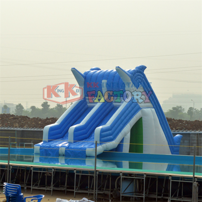 Blue white Dolphin inflatable water slide with pool joy inflatable water park 3