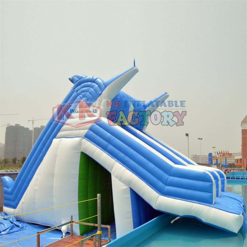 Blue white Dolphin inflatable water slide with pool joy inflatable water park 4