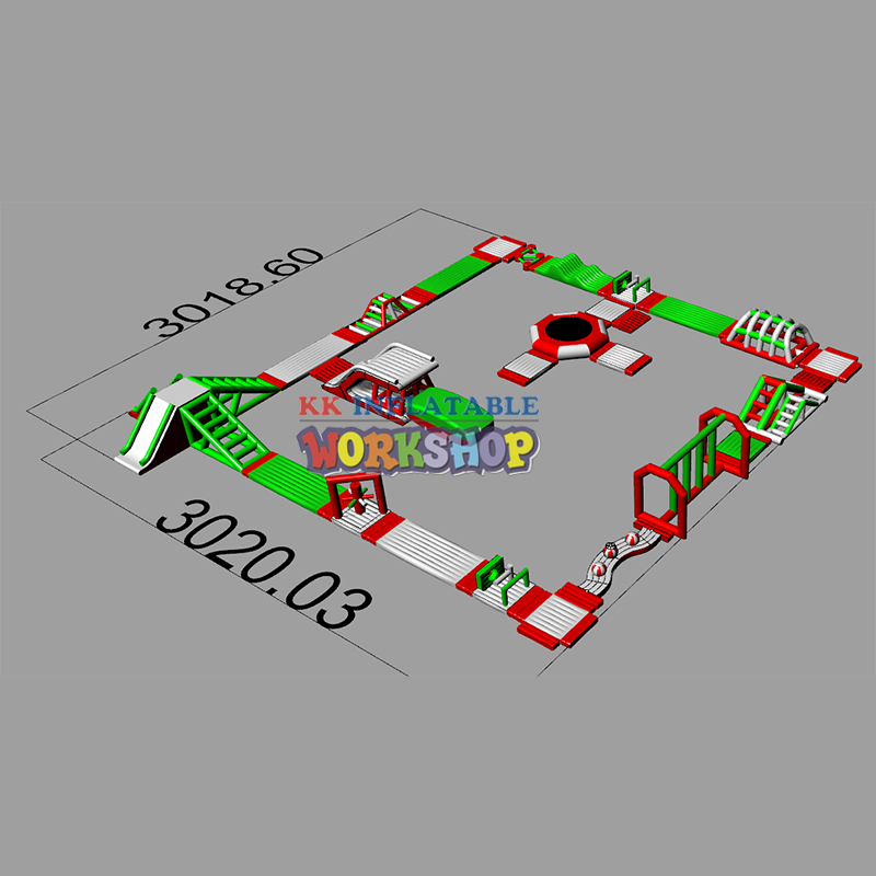 Fabricante de parque acuático inflable flotante con pista de obstáculos de color rojo y verde 2