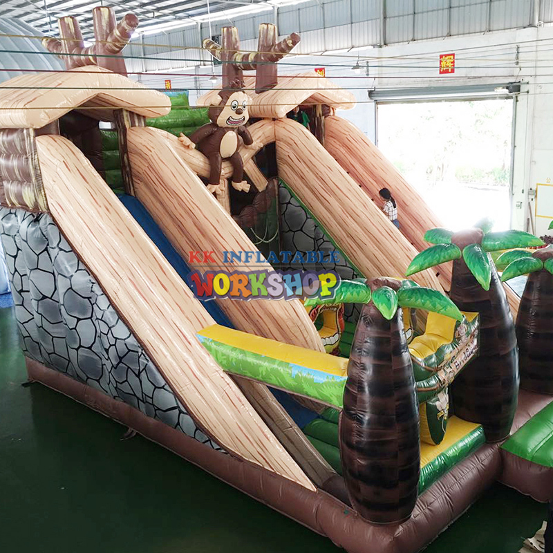 20FT Platform Jungle Animals Palm Tree Bouncy Slide Jumper Fantastic 3D Artwork Inflatable Dry Slide 3