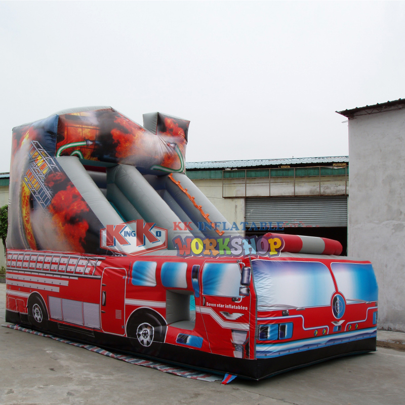 Tobogán inflable con tema de camión de bomberos salvavidas para alquiler de fiestas infantiles 2