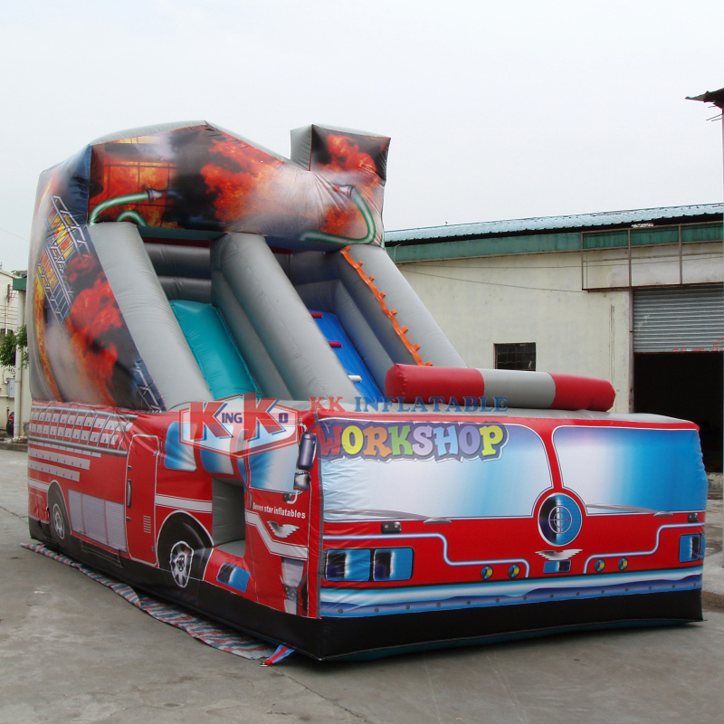 Tobogán inflable con tema de camión de bomberos salvavidas para alquiler de fiestas infantiles 1