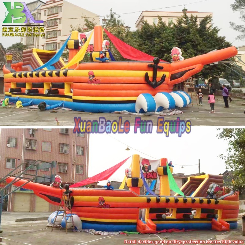 Parque de atracciones con tobogán inflado de barco pirata inflable puente de toboganes de ciudad divertido gigante al aire libre 2