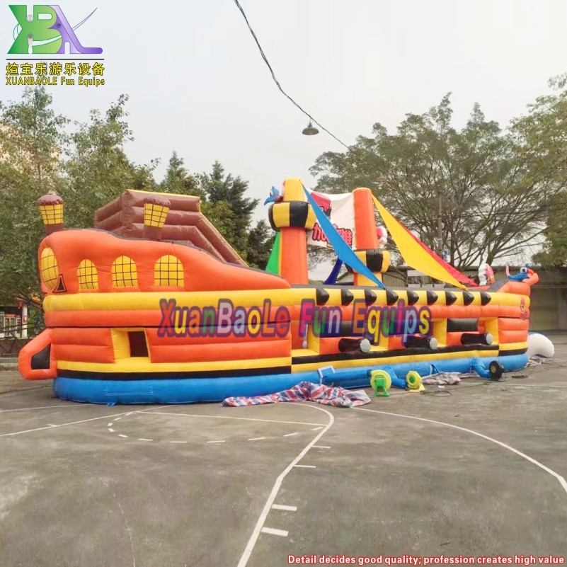 Parque de atracciones con tobogán inflado de barco pirata inflable puente de toboganes de ciudad divertido gigante al aire libre 3