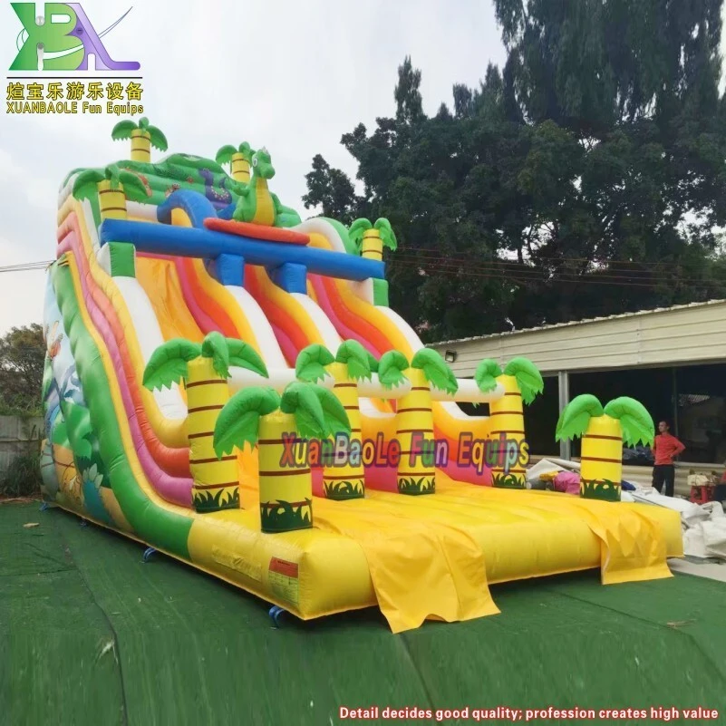 Resort Giant Dino Park Inflatable Slide Palm Tree Dinosaur Jumping Bouncy Slide Double Lanes For Amusement Park 1