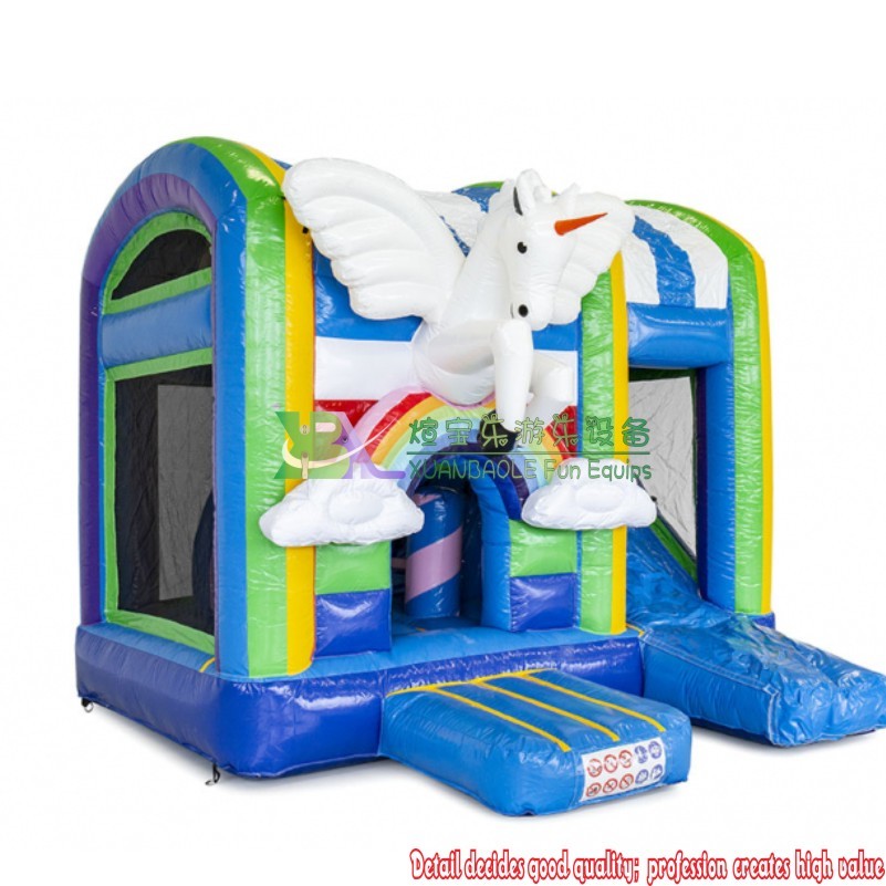 Combo de castillo inflable con unicornio alado, castillo inflable azul y tobogán para niños 3