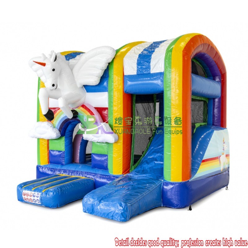 Combo de castillo inflable con unicornio alado, castillo inflable azul y tobogán para niños 7