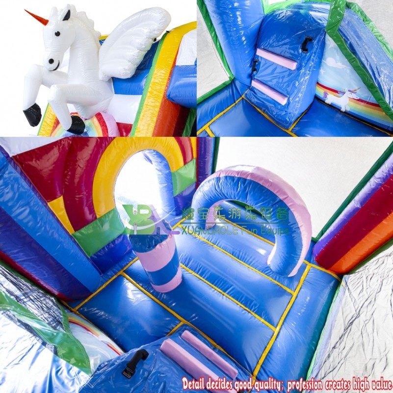Combo de castillo inflable con unicornio alado, castillo inflable azul y tobogán para niños 6