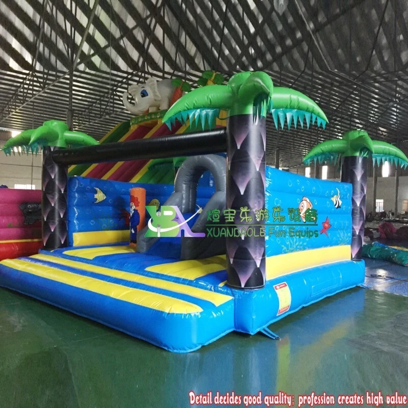 Circus Jumping Bouncer,Coconut Tree&Clown Theme Inflatable Moon Bounce House With Mini Slide Jumper For Children Party 1
