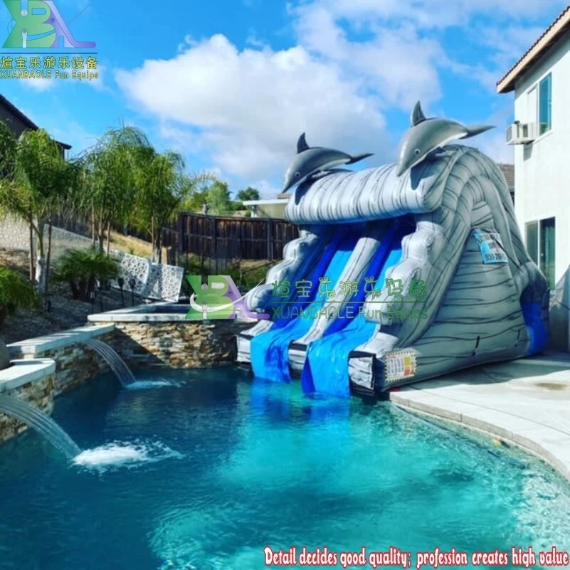 Small Dolphin Inflatable Water Slide With Detachable Pool, Grey Marble Inflatable Wet Slide For Home Swimming Pool 1