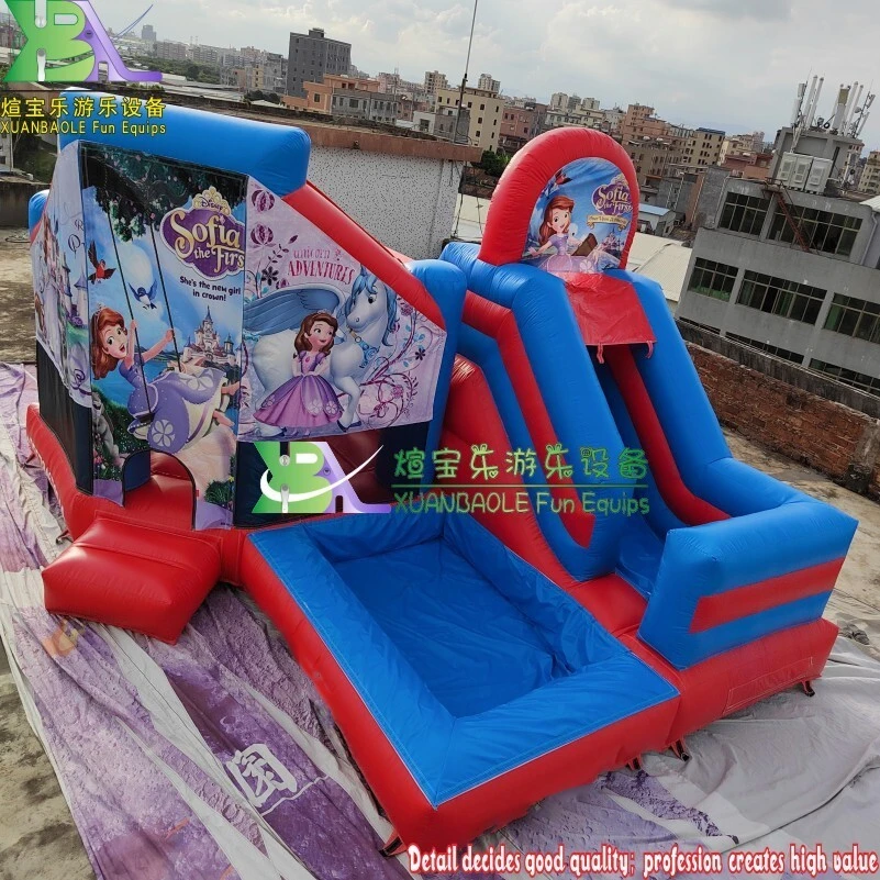 Sofia Princess Inflatable Bounce Castle, Blue&Red Jumping Moon Bounce Slide Combo With Sunroof 1