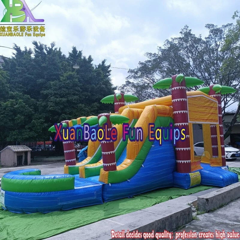 Casa inflable con tobogán húmedo/seco de palmera, tobogán acuático inflable tropical con piscina 1