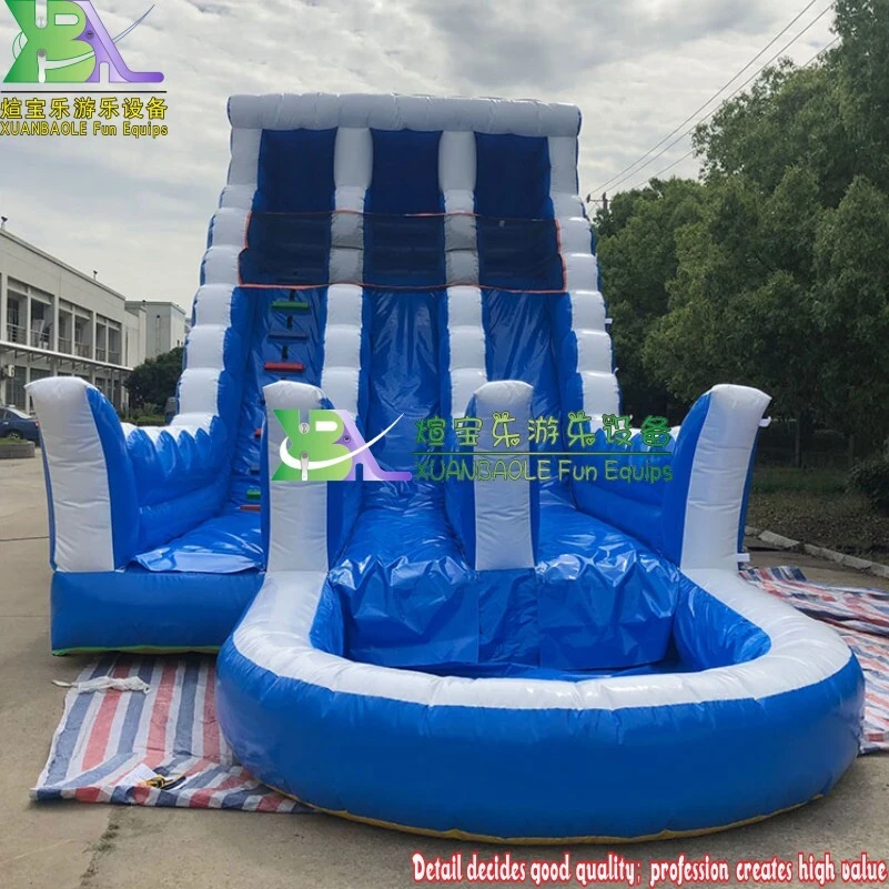 20ft Dual Lane Commercial Inflatable Water Slide with Pool and Ladder in Blue Waves Design 1