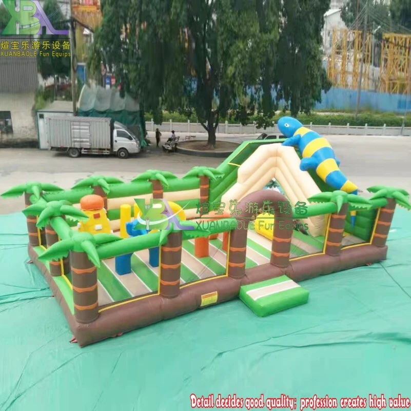 Outdoor Inflatable Jungle Amusement Park, Palm Tree Fun City Bouncy Combo / Inflatable Kids Bouncer Slide Playground With Climb Mountain 1