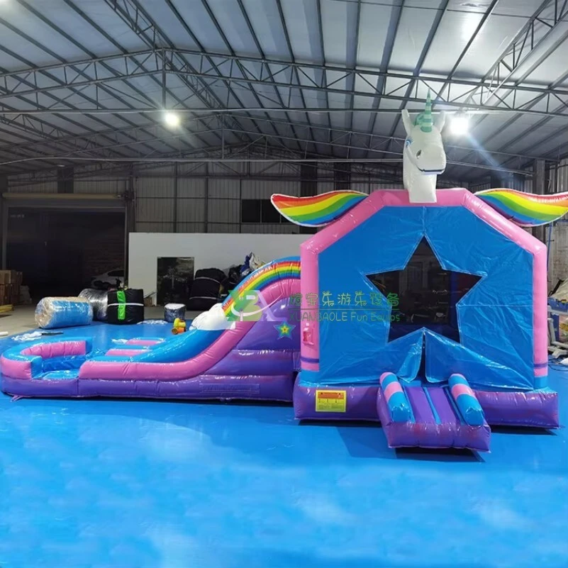 Unicorn Bouncy House And Slide, Custom Made Cartoon Inflatable Combo With Wet Dry Pool 1