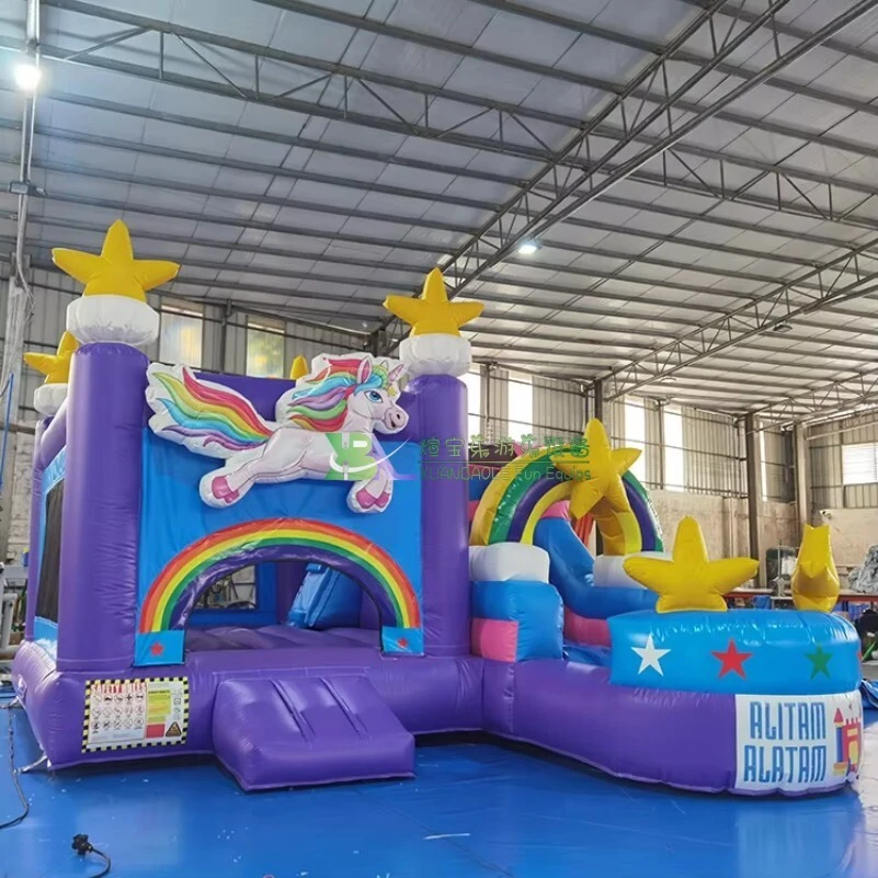 Combo gonflable de licorne magique 3D étincelante, maison de rebond de fête avec trampoline à glissière humide et sèche 1
