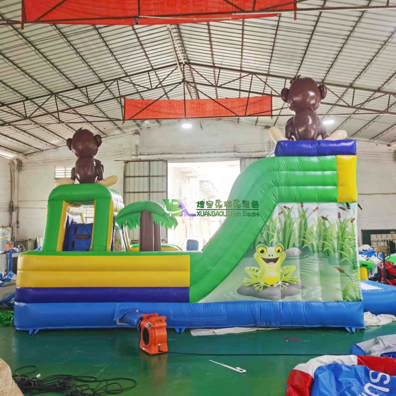 Parc aquatique gonflable Tropical Adventure avec un singe joyeux - Ensemble de toboggans gonflables surmontés 4