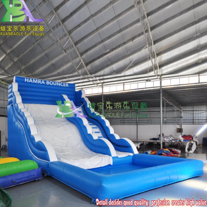 Blue Sea Wave Logo Printed Factory Customized Inflatable Durable Slide With Pool 1
