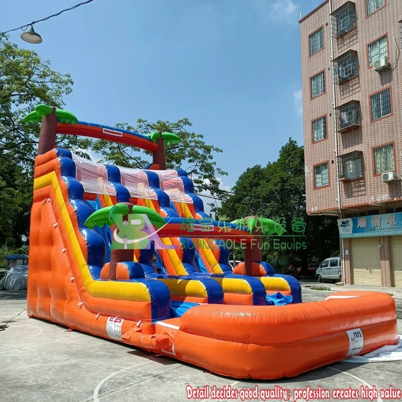 Orange Palm Tree Themed Inflatable Slide: Dual Lanes, Ideal for Wet & Dry Adventures + Jump Pool 1