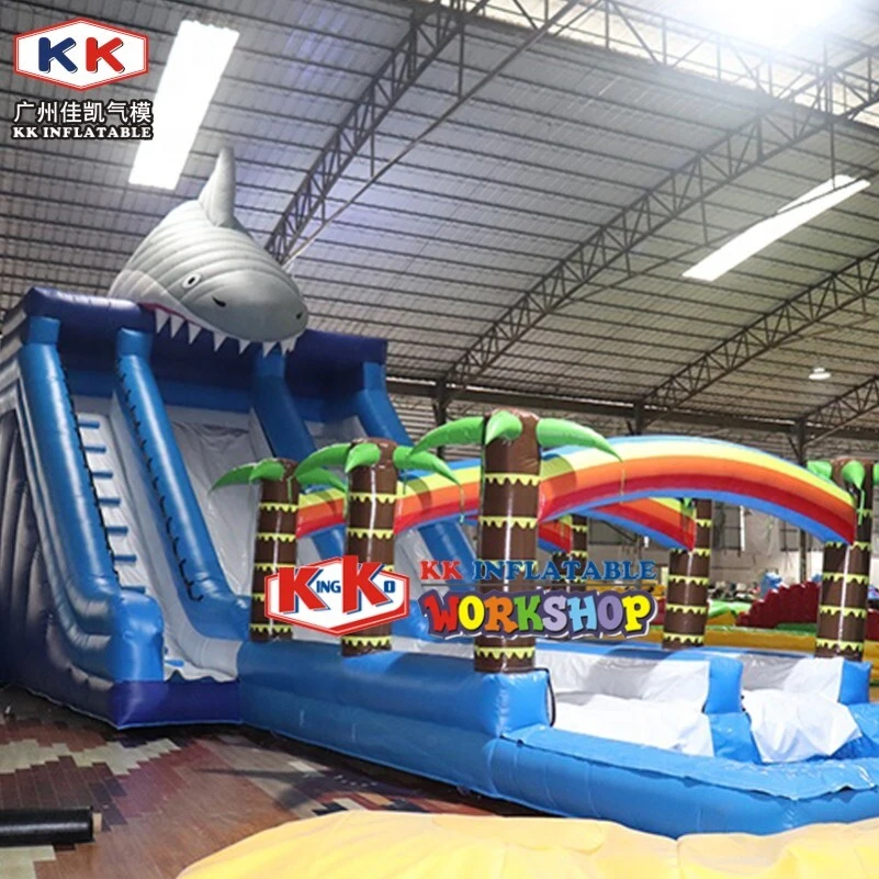 Shark & Tropical Dual Lane Inflatable slip N Slide with pool 1
