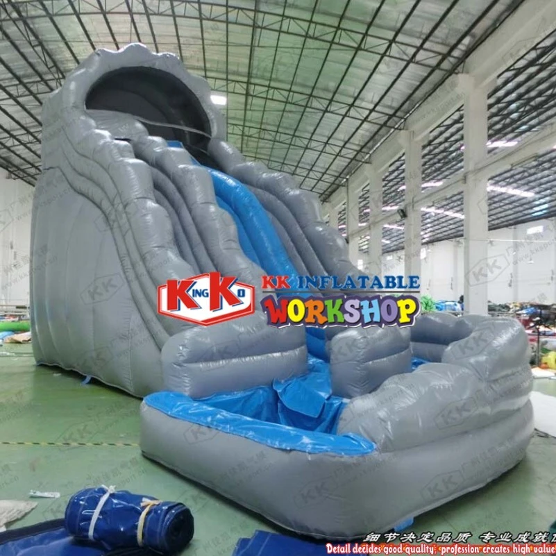 Gray Double - Lane Inflatable Water curve Slide with Wild Rapids and Pool 1