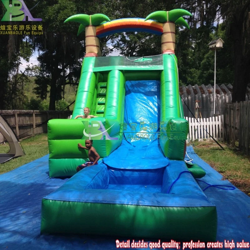 Tropical - Themed Green and Blue Inflatable Water Slide with Rainbow Arch and Palm Trees 1