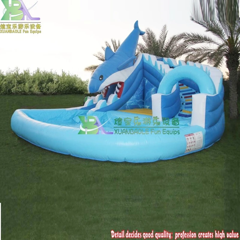 Family Interactive Inflatable water Slide For Shark water park with Splashing Pool 1
