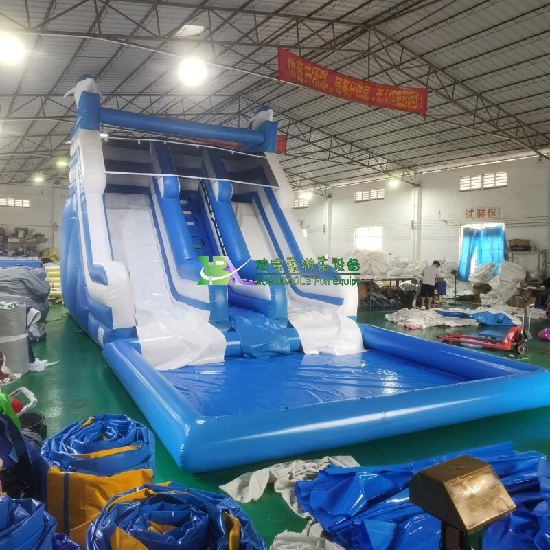 Dolphin Blue  White Double Lane Inflatable Water Slide with big pool 1